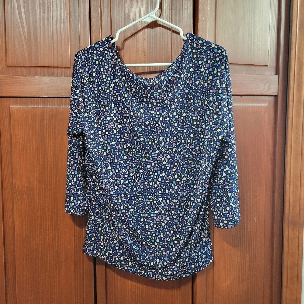 New York & Company Stretch Blue Multicolored Polkadot Long Sleeve | XL - Picture 5 of 7